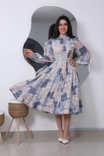 فستان ميد باكمام طويله وحزام