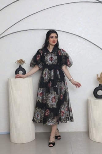 فستان اسود مشجر بياقه شك