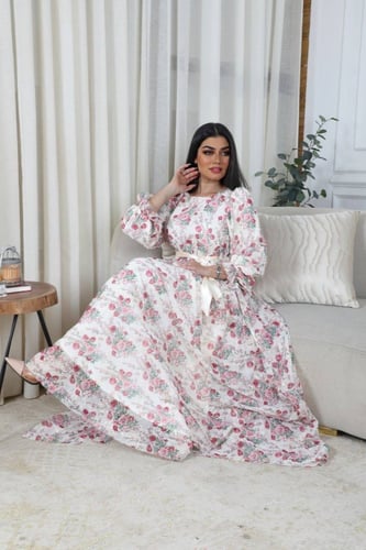 فستان مورد طويل بحزام من الخصر