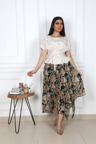 طقم تنوره مشجره وبلوزه بتطريز