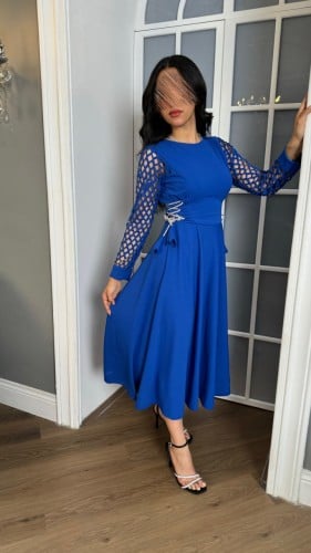 فستان ناعم اكمام شبك وحبال لمعه