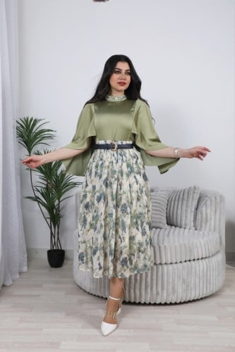 طقم تنوره مشجره مع بلوزه ستان وحزام