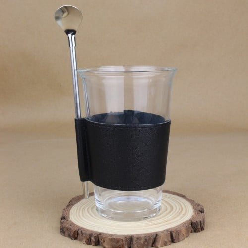 كوب زجاجي مع مصاص بملعقة إستيل بمسكة جلد اسود 330...