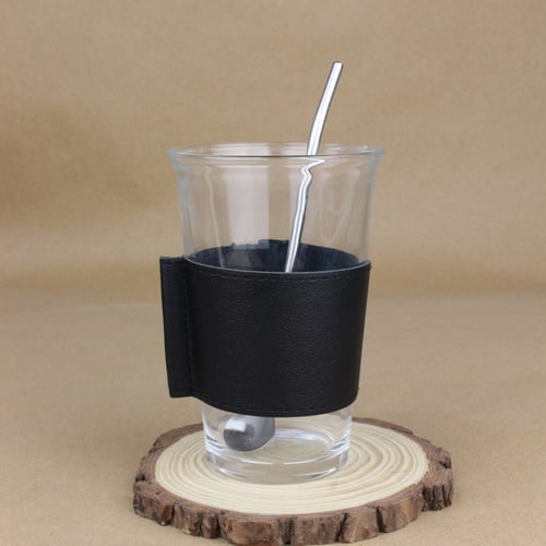 كوب زجاجي مع مصاص بملعقة إستيل بمسكة جلد اسود 330...