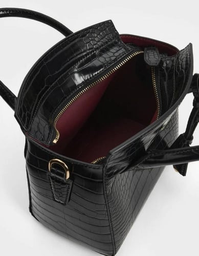 Croc-Effect Trapeze Structured Tote Bag - black