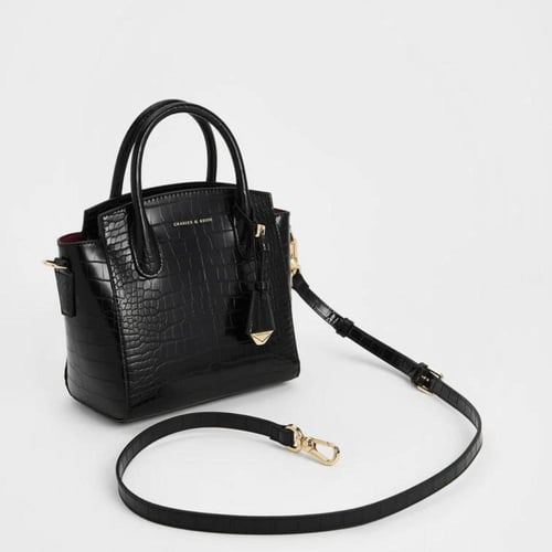 Croc-Effect Trapeze Structured Tote Bag - black