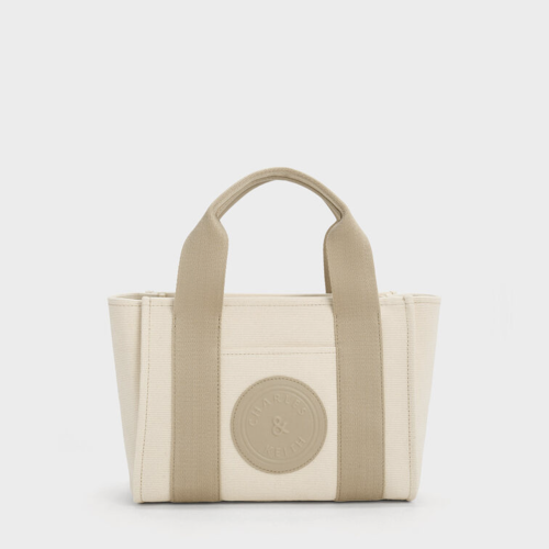 حقيبة توت K Canvas ذات حواف متباينة (M) - بيج