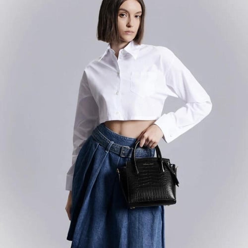 Croc-Effect Trapeze Structured Tote Bag - black