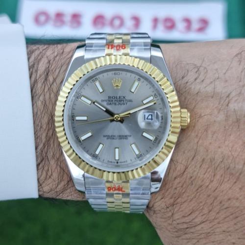 ساعة رولكس ديت جست إطار ذهبي مينا فضي