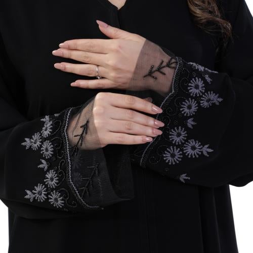 Royal abaya with colorful embroidery, tulle embroidery, evening