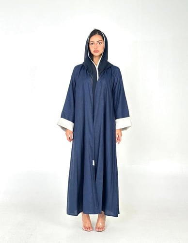 عباية لينن مع قطن مطرز | كحلي