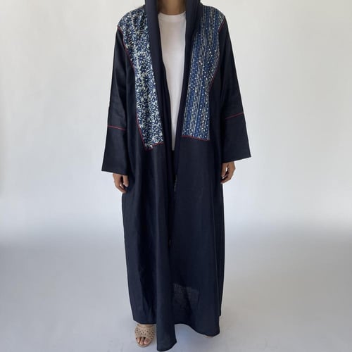 عباية لينن مع قطن مطرز | كحلي