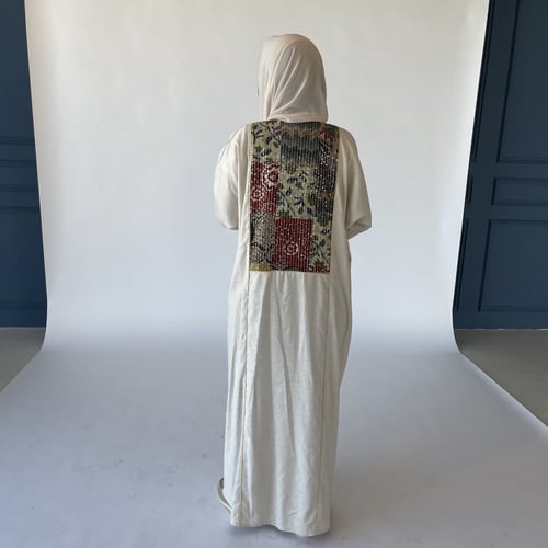 عباية لينن مع قطن مطرز | بيج