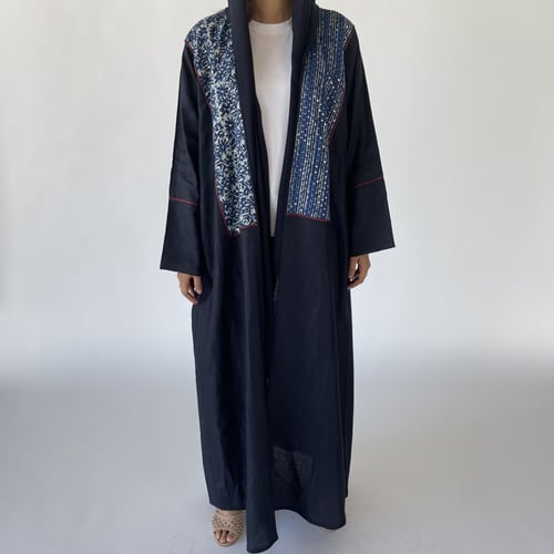 عباية لينن مع قطن مطرز | كحلي