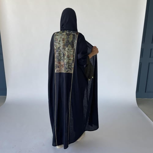 عباية لينن مع قطن مطرز | كحلي