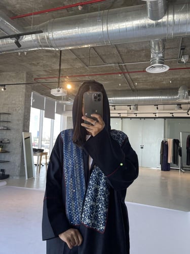 عباية لينن مع قطن مطرز | كحلي