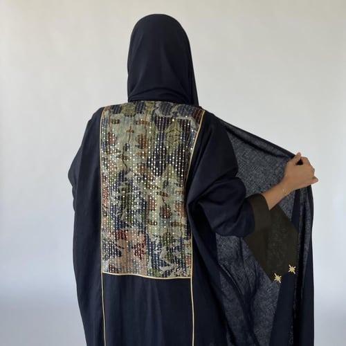 عباية لينن مع قطن مطرز | كحلي