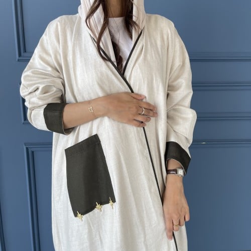 عباية لينن مع قطن مطرز | بيج