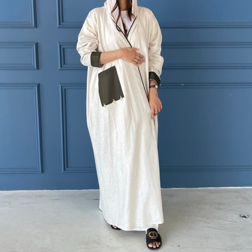 عباية لينن مع قطن مطرز | بيج
