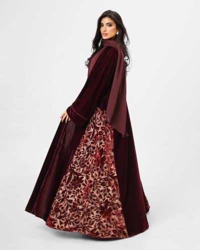 عبايه مخمل عنابي وشيفون مخمل