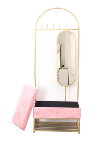 ستاند تنظيم ملابس ذهبي مع مرايا ومقعد قماش مودرن