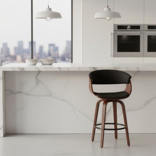 كرسي بار مرتفع قماش بقاعدة خشب - أسود