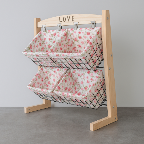 منظم تخزين قماشي مع 4 سلات وحامل خشبي