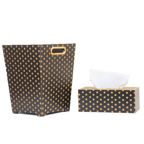 سلة مهملات مع علبة مناديل منقط لون أسود وذهبي