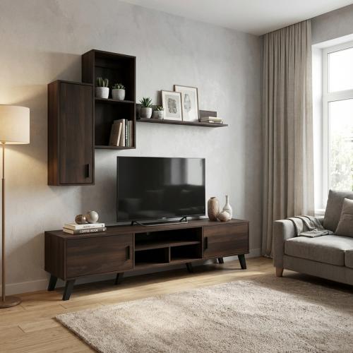 طاولة تلفزيون بني 180 سم مع رفوف جدارية وستاند - خ...