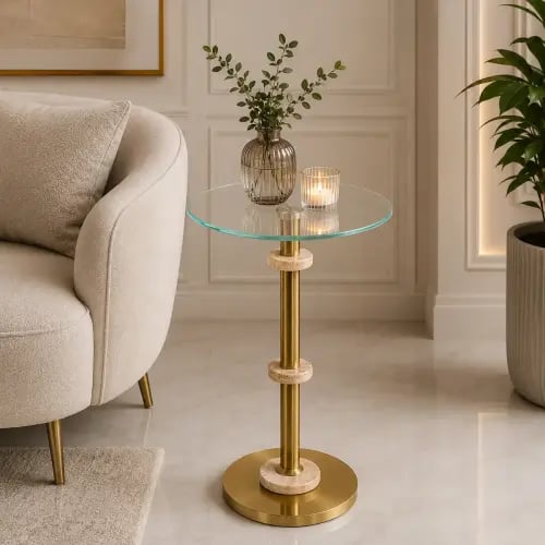 طاولة خدمة مفرد زجاجية دائرية شفاف وذهبي 55×35 سم بتصميم عصري
