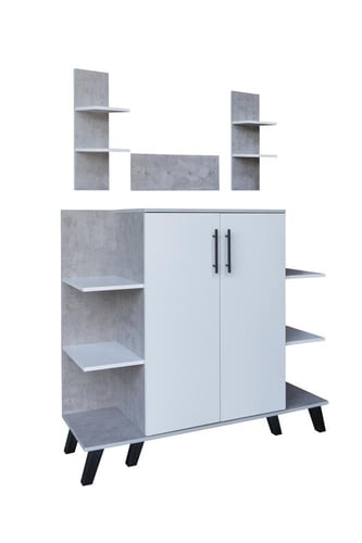 ركن قهوة مع أرفف معلقة لون رمادي وأبيض