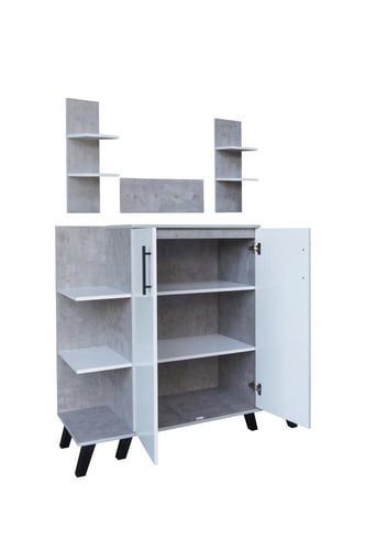 ركن قهوة مع أرفف معلقة لون رمادي وأبيض