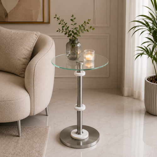 طاولة خدمة مفرد زجاجية دائرية شفاف وفضي 55×35 سم بتصميم عصري