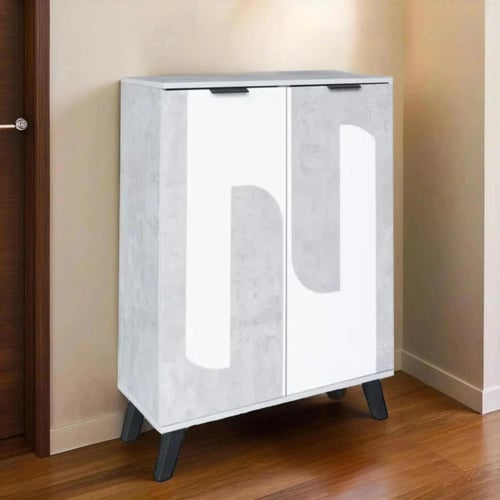 خزانة أحذية بابين خشب ماليزي – رمادي فاتح وأبيض