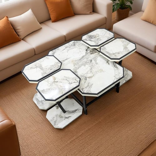 طقم طاولات خدمة خشب تركي 5 قطع - لون رخامي