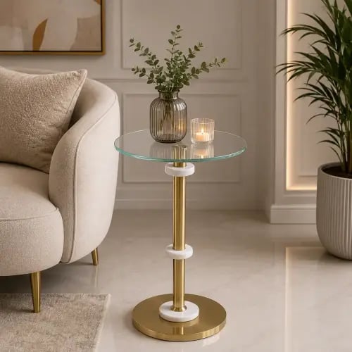 طاولة خدمة مفرد زجاج ورخام أبيض وذهبي 55×35 سم بتصميم عصري