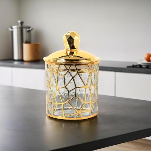 علبة السكر والشاي شفافة من الاكريليك - غطاء ذهبي