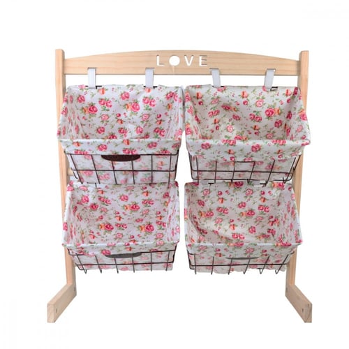 منظم تخزين قماشي مع 4 سلات وحامل خشبي