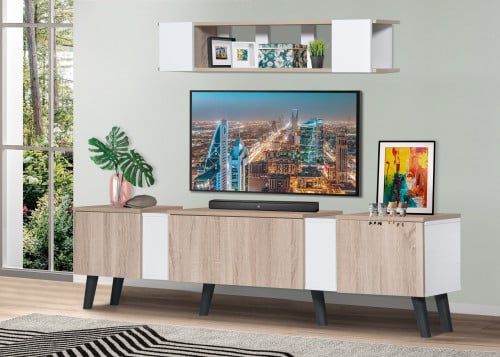 طاوله تلفزيون خشبية 3 درج مع ارفف جدار خشب ماليزي...