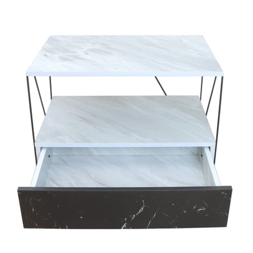 طاولة جانبية رفين ودرج - أبيض وأسود