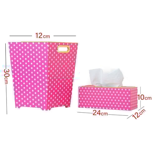 سلة مهملات مع علبة منديل لون وردي وأبيض