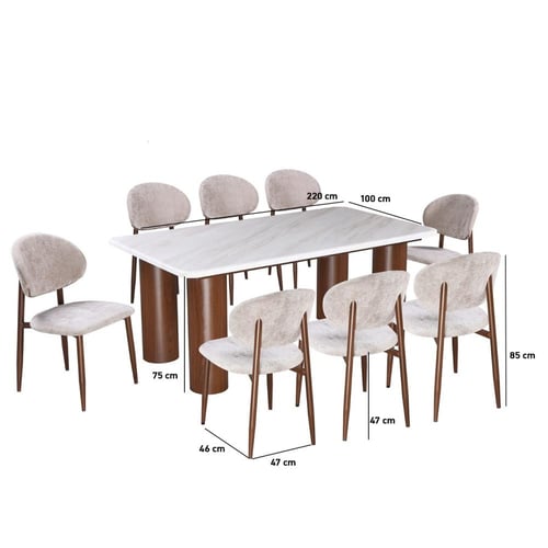 طاولة طعام رخامية 8 كراسي - بيج وبني