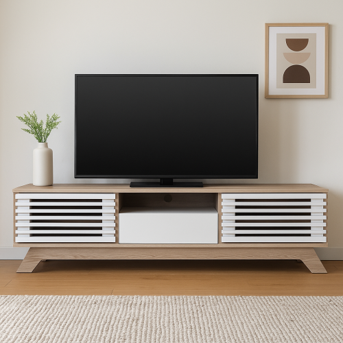 طاولة تلفاز 160 سم خشبي فاتح وأبيض