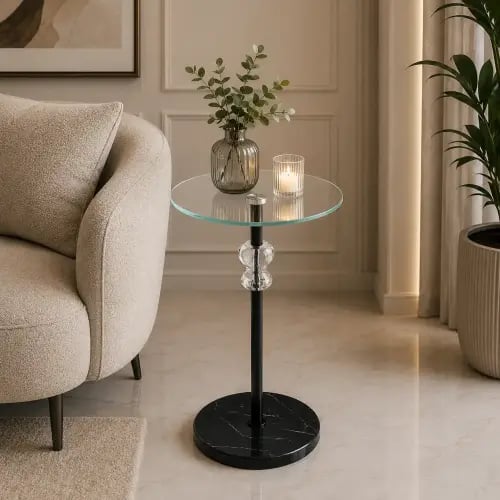 طاولة خدمة مفرد رخام وزجاج أسود 57×34 سم بتصميم عصري