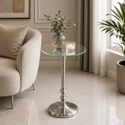 طاولة خدمة زجاجية دائرية شفاف وفضي 55×34 سم بتصميم عصري
