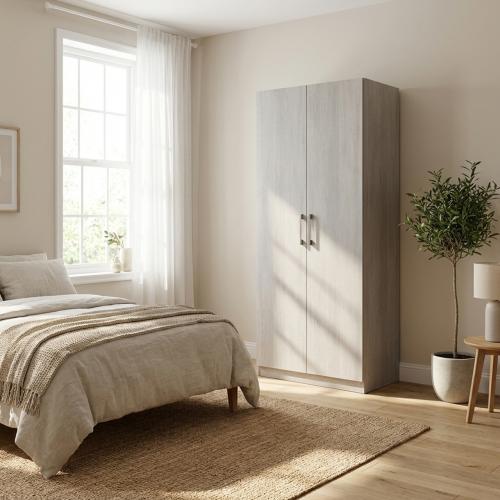 Wooden clothes wardrobe with two doors, gray color