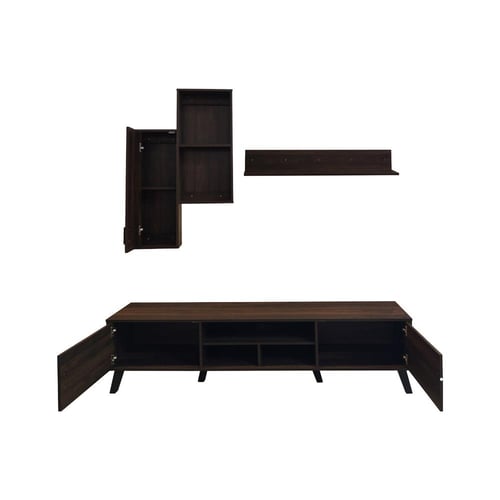 طاولة تلفزيون بني 180 سم مع رفوف جدارية وستاند - خ...