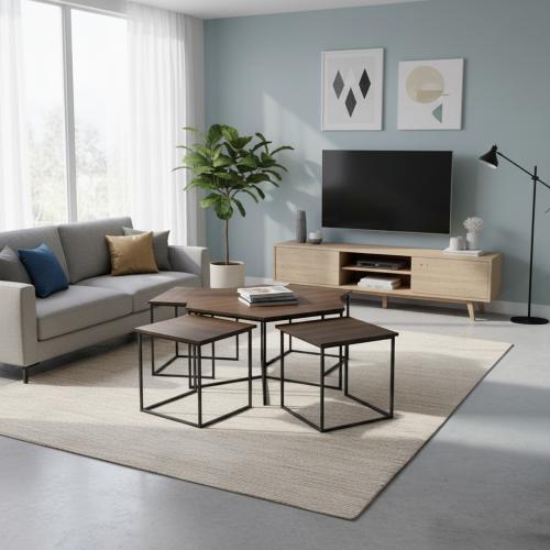 طاولات قهوة بني 5 قطع خشب ماليزي