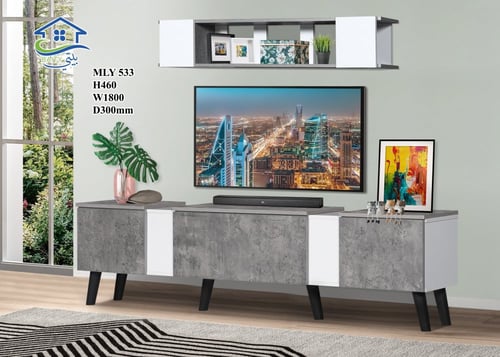 طاوله تلفزيون خشبية 3 درج مع ارفف جدار خشب ماليزي...