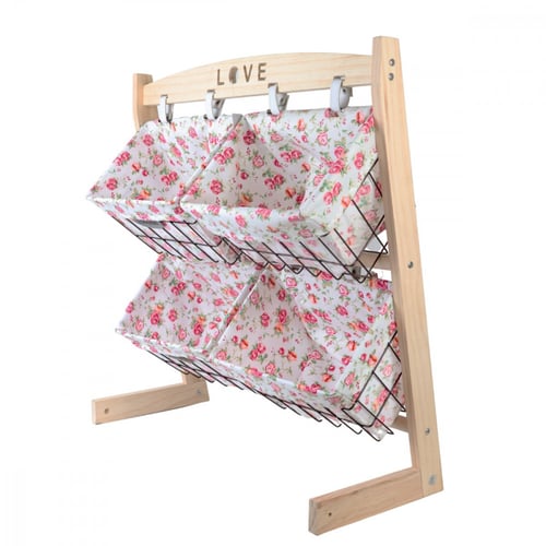 منظم تخزين قماشي مع 4 سلات وحامل خشبي